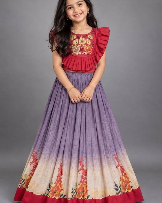 Red Pleated Yoke With Delicate Floral Embroidery Kids Wear