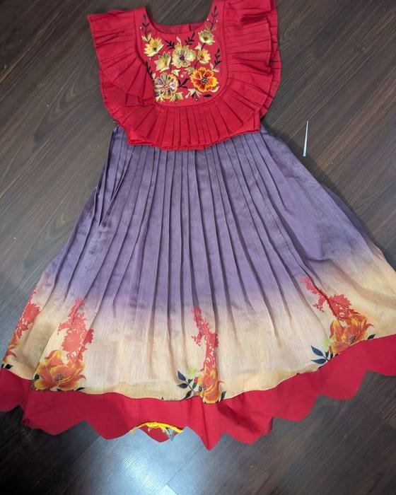 Red Pleated Yoke With Delicate Floral Embroidery Kids Wear
