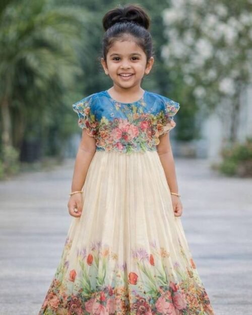 Blue Floral-printed Ruffle-sleeve Bodice Kids Wear