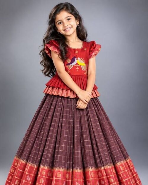 Red Floral-embroidered Peplum Blouse Kids Wear