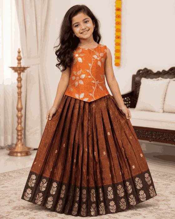 Rust-brown Floral-printed Peplum Blouse Kids Wear